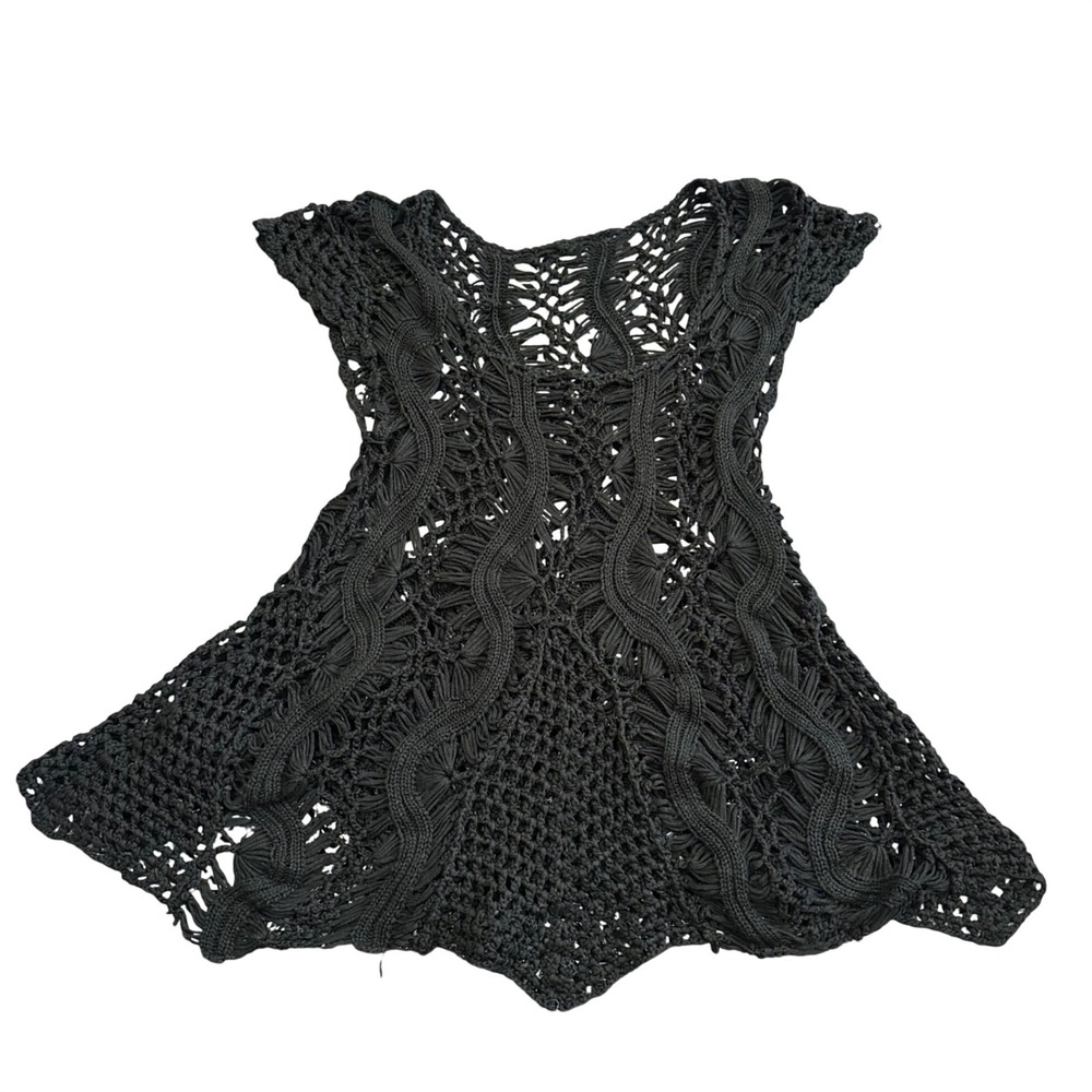 Black Crochet Whimysgoth Wavy Cable Openwork Pointed Hem Sleeveless Top